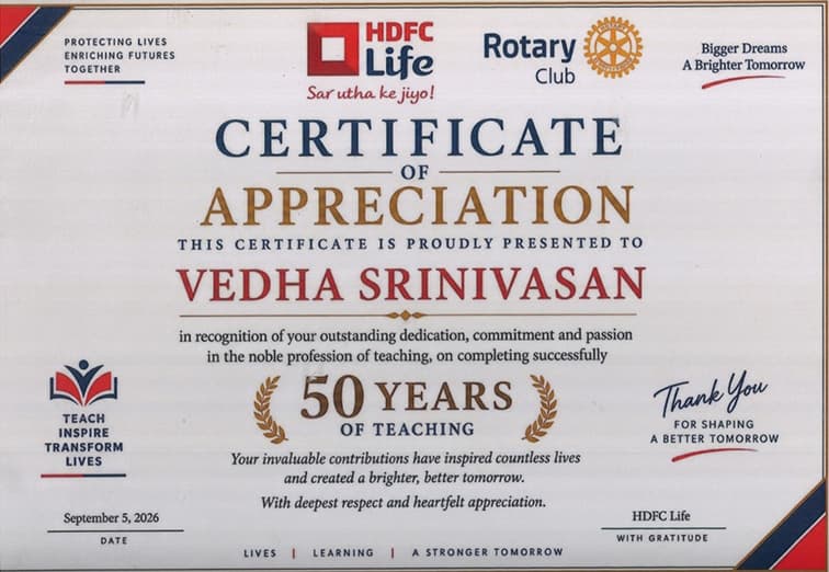 Certificate of appreciation recognising Vedha Srinivasan’s 50 years of teaching, dated September 5, 2026